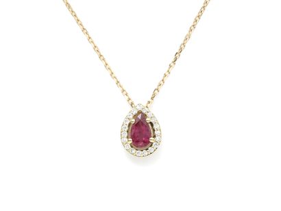 null Necklace in gold 750 thousandths, holding in pendant a pear-cut ruby in claw...