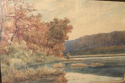 null Emile PUTTAERT (Died 1901) Belgian School "Edge of a pond" watercolor, SBD,...