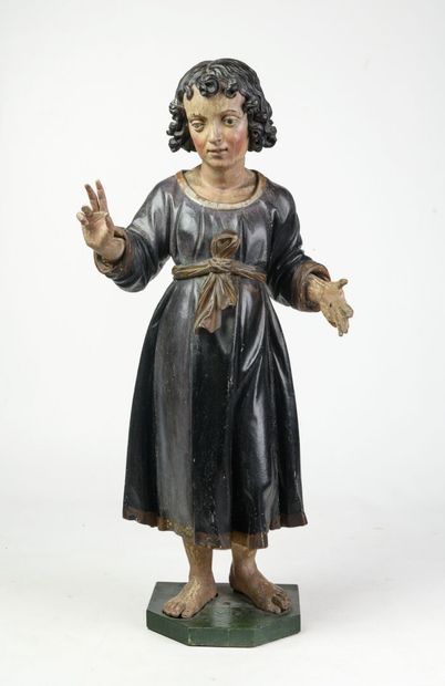 null Sculpture en bois polychromé représentant l'enfant Jésus bénissant, Allemagne...