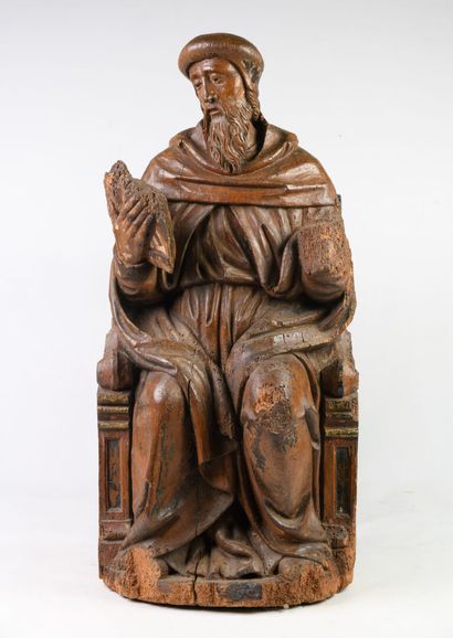 null Oak sculpture with traces of polychromy "Doctor of the Law" seated on a stall,...