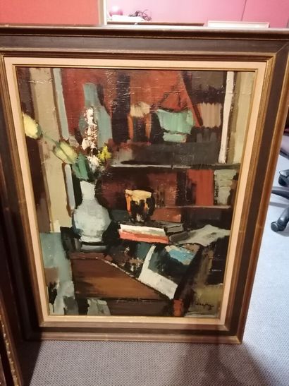null André LEMAITRE "Still life with red drapery 1966" HST, SBD, 81x61cm