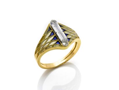 null LALIQUE Delicate ring in gold 750 thousandths and enamel plique with day decorated...