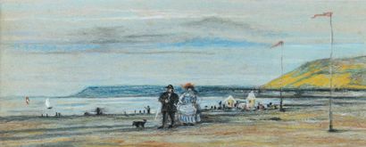 null French school XXth, suite of two pastels, theme of the beach, 18x45cm