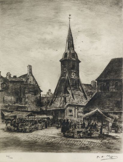 null Antoine CLUZEAU (1884-1963) "Le marché de Honfleur, Place Sainte Catherine"...