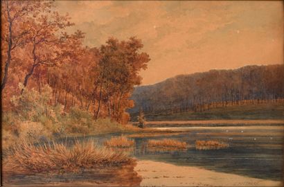 null Emile PUTTAERT (Died 1901) Belgian School "Edge of a pond" watercolor, SBD,...
