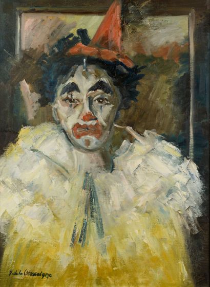 null Yvette DE LA CHASSAIGNE " The Clown with the white ruff" HST, SBG, 81x60cm