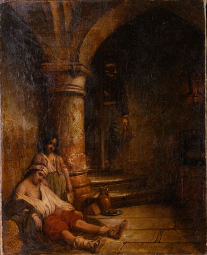 null Claudius JACQUAND (1804-1878) "Bohemians in prison" HST, signed at the bottom,...