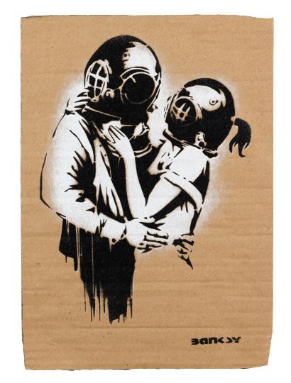 null BANKSY "Couple of squaphanders" aerosol stencil on cardboard 10/50. stamp :...