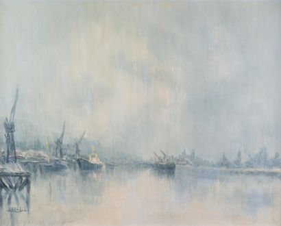 null Jean LECLAIR 1919-1996 "The back harbor of Honfleur" HST, SBG, 63.5x79 cm