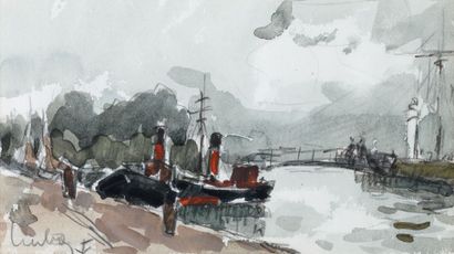 null Fernand HERBO "Tugs at the quay" watercolor, SBG, 11.5x20cm
