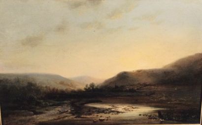null François ROFFIAEN (1820-1898) Ecole Belge "Paysage au coucher de soleil" HSP,...