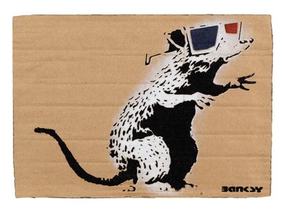 null BANKSY «Le rat, lunettes 3D» aérosol pochoir sur carton 7/50. tampon : DISMALAND...
