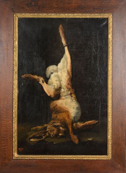 null E. MOUTON "The Hare" HST, SBG, and dated 1884, 92x60cm, (small restorations...