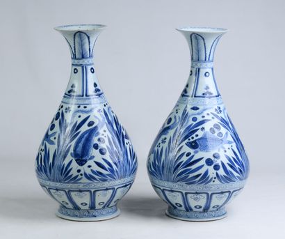 null Paire de vases bouteilles Yuhuchun en porcelaine de Chine bleu et blanc à décor...