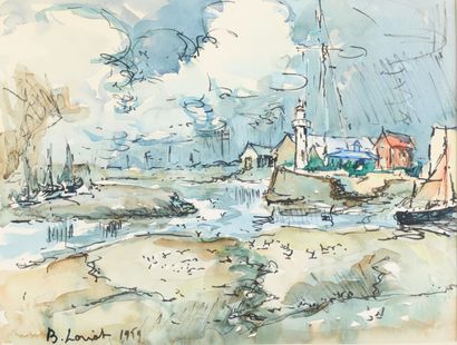 null Bernard LORIOT "Avant port de Honfleur" watercolor, SBD, dated 1959 under glass,...