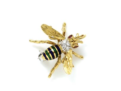 null Pendant brooch in gold 750 thousandths, stylizing a bee dressed in polychrome...