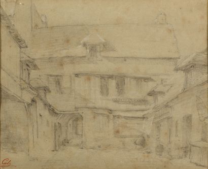 null Adolphe Felix CALS "Courtyard in Honfleur" drawing, stamped lower left and description...
