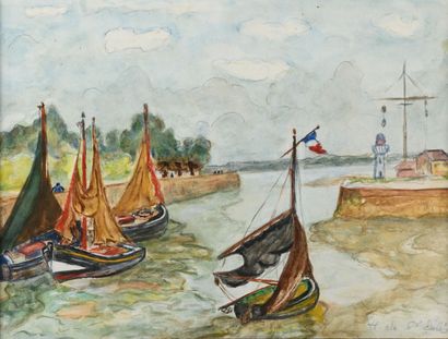 null Henry DE SAINT DELIS "Entrance to Honfleur harbor at low tide" watercolor, SBD,...