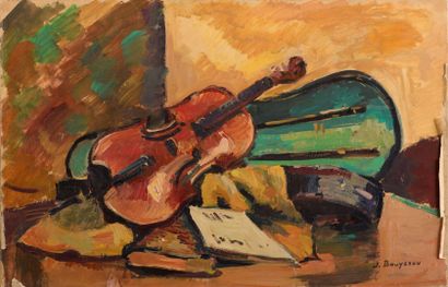 null Jacques BOUYSSOU (1926-1997) "Composition with violin" Paper marouflé on canvas,...