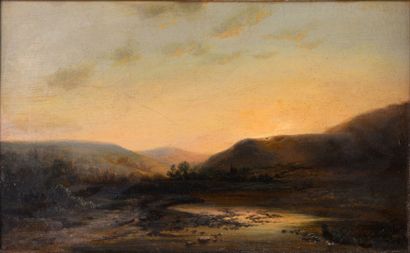 null François ROFFIAEN (1820-1898) Ecole Belge "Paysage au coucher de soleil" HSP,...