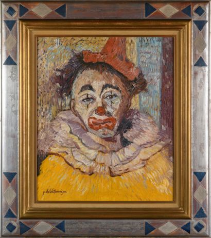 null Yvette DE LA CHASSAIGNE "Le Clown à la collerette jaune" HST, SBG, 55x46cm