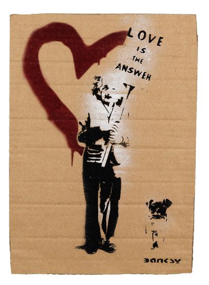 null BANKSY "Love is the Answer, Einstein" aerosol stencil on cardboard 11/50. stamp...