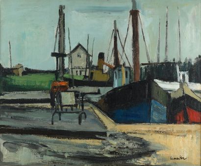 null André LEMAITRE "Boats at the docks" HST, SBD, 60x73cm