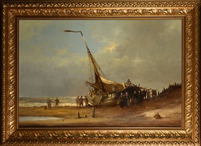 null J. J. MOOYMAN 1839- "Scheveningen Boats on the beach" HST, SBG, 80x120cm