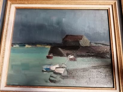 null André LEMAITRE "Port de Granville, Ciel d'orage 86" HST, SBD, 33x41cm