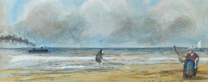 null French school XXth, suite of two pastels, theme of the beach, 18x45cm