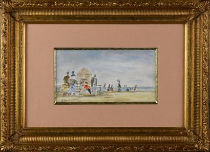 null Felix MURNOT "Les crinolines à la plage" aquarelle sur carton, SBG, 13x24cm