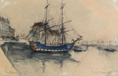 null Fernand HERBO "Boat in the basin of Honfleur" watercolor and pencil, located...