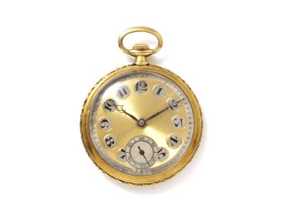 null Pocket watch in gold 750 thousandths, golden dial guilloche radiating with Arabic...