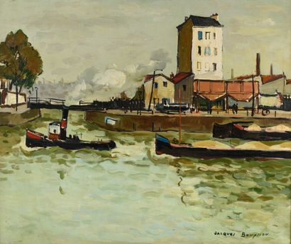 null Jacques BOUYSSOU "Canal de la Villette Paris 1961" HST, SBD, 46x55cm