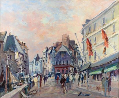 null Bernard LORIOT "Le quai des Passagers à Honfleur" HST, SBD, 50x61cm