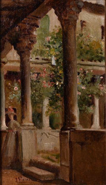 null Jacques. WAGREZ (1850-1908) "Interior of a cloister in Italy "HST, SBG, canvas...