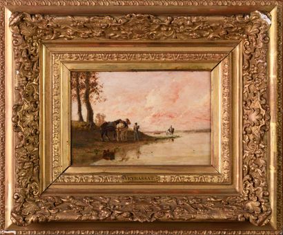 null Jules Jacques VEYRASSAT (1828-1893) "Horses by the water" HSP, SBG, 16 x 23,5...