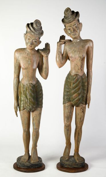 null 
Two palanquin bearers in polychrome wood, Burma or Siam, second half of the...
