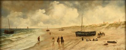 null J.J. DESTREE 1827-1888 "A la plage de Scheveningen" HSP, signée et datée à droite...