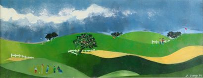 null Jean ORANGE "Scene of a Golf Player" HSC, signed on the right, 24x62cm