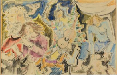 null Yvette ALDE 1911-1967 "Scène de fête" pastel, SBG, 28x41cm
