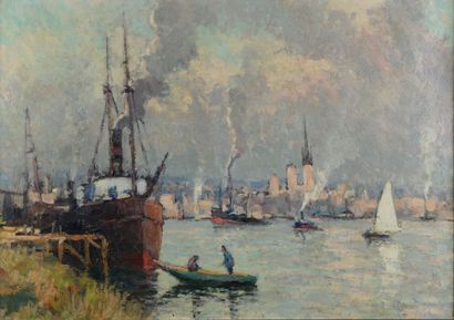 null Narcisse HENOCQUE "The port of Rouen, cargo at the quay" HST, 44x63cm certificate...
