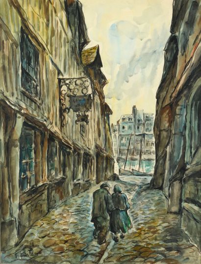 null Fred PAILHES 1902-2002 "La rue de la prison à Honfleur" watercolor, SBD, 47.5x62.5cm...