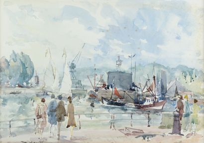 null Bernard LORIOT 1925-1998 "The entrance to Honfleur harbor" watercolor, SBG,...