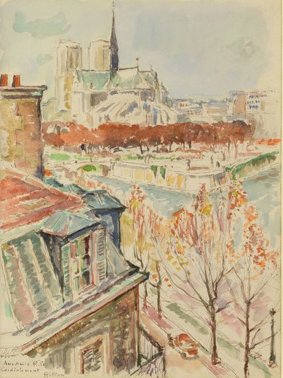 null Charles BILLON "Paris Notre Dame" watercolor, SBG, 26x20cm (broken glass)