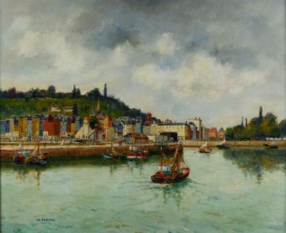 null CH.POLLACI "Fishing boats in Honfleur" HST, Provenance Galerie du Vieux Bassin...