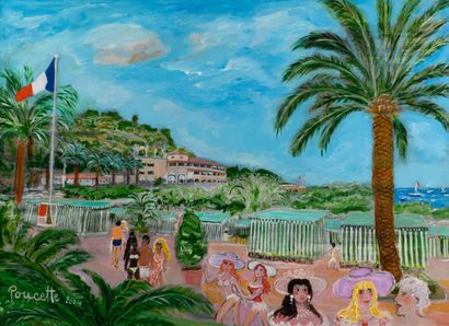 null POUCETTE " Monte Carlo Beach " 2004, signed lower left, 73x100cm.