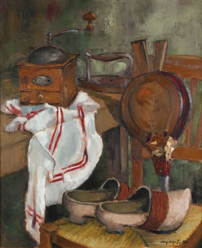 null QUINETTE "Still life with clogs" HST, SBD, dated 88, 60.5x49cm