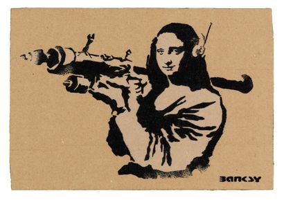 null BANKSY "Joconde à l'attaque" aerosol stencil on cardboard 35/50. stamp : DISMALAND...