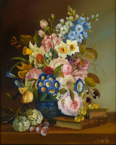 null Sylvie FORTIN "Still life with flowers and grapes" HST, SBD, 41x33cm